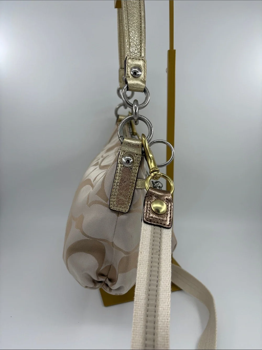 Coach Poppy Beige Signature Canvas Shoulder Bag with Gold Accents